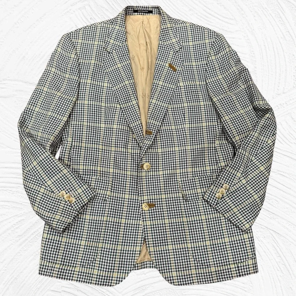 Daks London Blazer Men 42R Green Blue Cream Check Wool‎ Silk 3 Roll 2 Windowpane